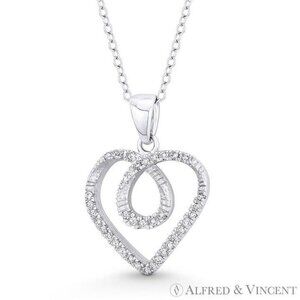 Looped Heart Charm CZ Crystal Pave Pendant in .925 Sterling Silver w/ Rhodium